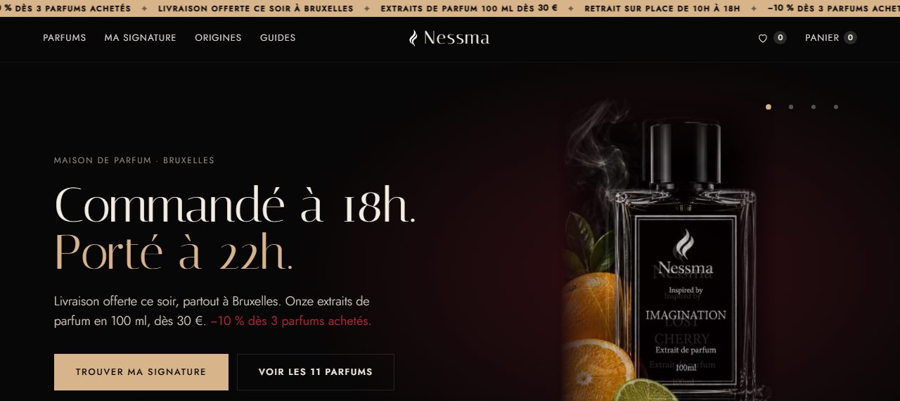 Page d'accueil de la boutique Nessma : « Commandé à 18h. Porté à 22h. »